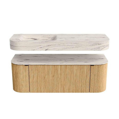 MONDIAZ THOR-DLUX 130cm meuble de salle de bains arrondi gauche + droite couleur Oak avec 1 tiroir et 2 portes. Vasque suspendue CLOUD gauche 1 trou de robinet couleur Nata. SW1463869
