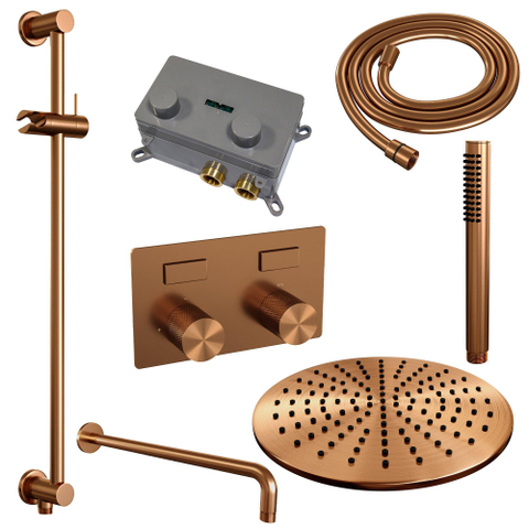BRAUER Copper Carving Thermostatische Regendouche inbouw - drukknoppen - SET 64 - 30cm hoofddouche - gebogen muurarm - staaf handdouche - doucheslang - geïntegreerde glijstang - koper geborsteld PVD SW925749