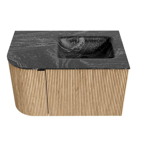 MONDIAZ KURVE-DLUX Meuble de salle de bains 75 cm avec module 25 L couleur Oak avec 1 tiroir et 1 porte. Lavabo GRUNNE à droite sans trou de robinet couleur Lava. SW1138100
