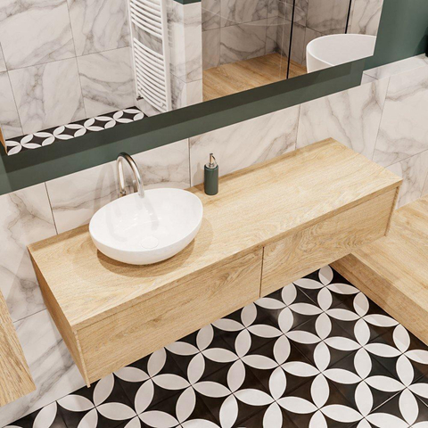 MONDIAZ LUSH Ensemble de meuble salle de bain - 150cm - 2 tiroirs - lavabo BARCO - vasque à gauche - 1 trou de robinet - chêne blanchi SW409575