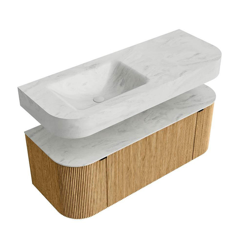 MONDIAZ THOR-DLUX 120cm badmeubel ronding links + rechts kleur Oak met 1 lade en 2 deuren. Vrijhangende wastafel CLOUD Links zonder kraangat kleur Opalo. SW1463142