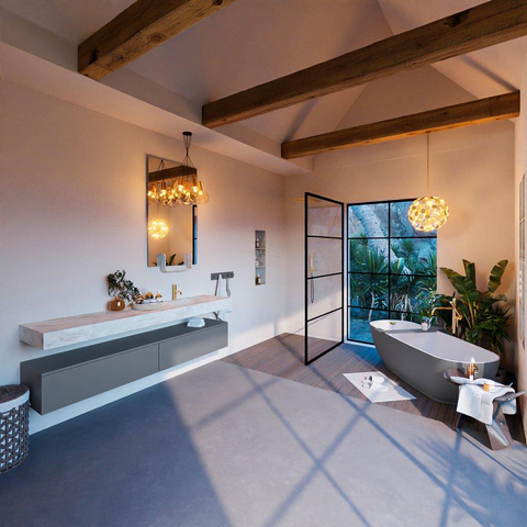 Mondiaz ALAN-DLUX Ensemble de meuble - 200cm - meuble Plata mat - 2 tiroirs - Lavabo Cloud Frappe suspendu - vasque Droite - 1 trou de robinet SW805329