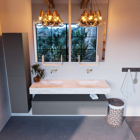 Mondiaz ALAN-DLUX Ensemble de meuble - 150cm - meuble - Plata mat - 1 tiroir - Lavabo Cloud Ostra suspendu - vasque gauche et droite - 0 trous de robinet - Beige SW807806