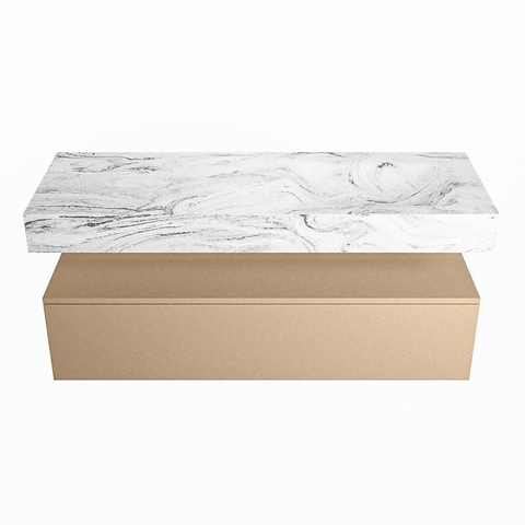 Mondiaz ALAN-DLUX Ensemble de meuble - 130cm - meuble Oro mat - 1 tiroir - Lavabo Cloud Glace suspendu - vasque Droite - 0 trous de robinet SW806233