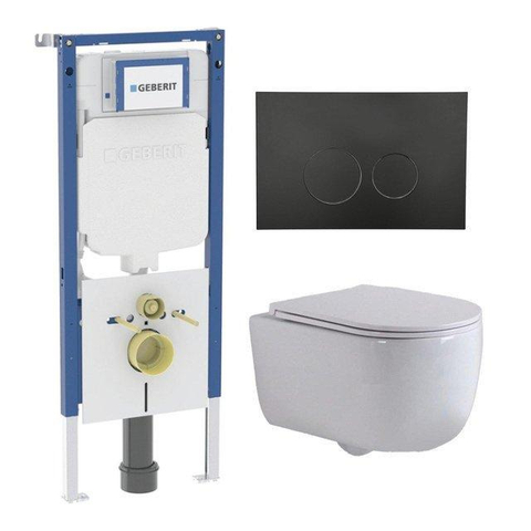 QeramiQ Dely Swirl Toiletset - 36.3x51.7cm - Geberit UP720 Duofix Sigma inbouwreservoir - slim zitting - mat zwarte bedieningsplaat - ronde knoppen - mat wit SW1416135
