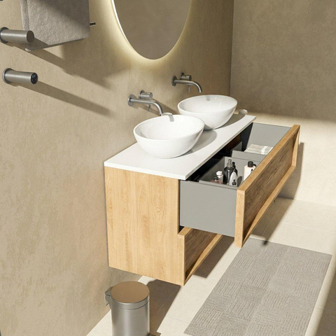 Saniclass Holz Frame Badkamermeubelset - 120x45x62.5cm - Torino solid surface topblad wit - zonder kraangat - 2 lades - mat eiken natural (hout) SW1579991