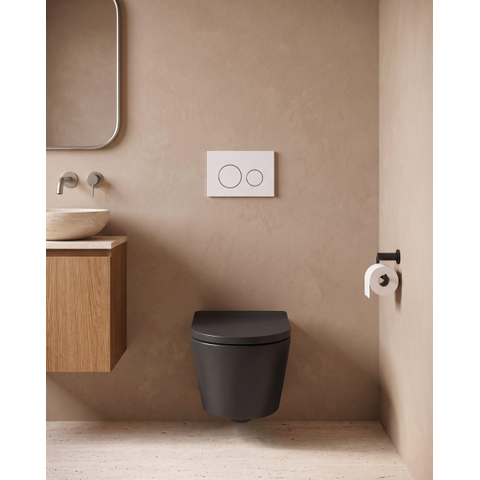 QeramiQ Dely Ensemble WC - 36.3x51.7cm - évacuation profonde - sans bride - réservoir encastré Geberit UP720 - abattant WC softclose 35 mm - plaque de commande blanche mate - boutons ronds - noir mat SW1427106