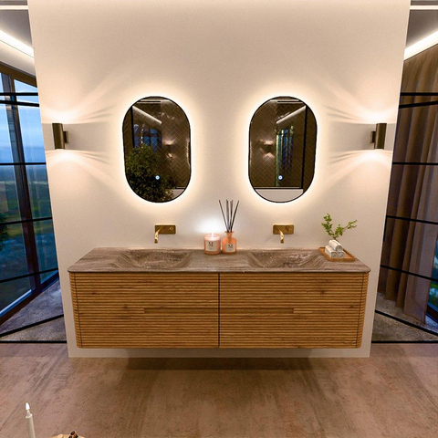 Mondiaz CIRO-DLUX Ensemble de meubles de salle de bains - 180x45x50cm - Vasque en solid surface Oza - 2 bassins Double - sans trous de robinet - 4 tiroirs - Chêne SW1531211