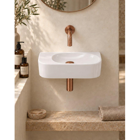QeramiQ Fuente fonteinset – halfrond – 40x21.5x12 cm – keramiek wit glans – geborsteld koperen kraan SW1233122