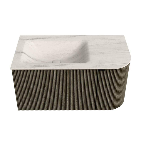 MONDIAZ KURVE-DLUX Meuble de salle de bains 85cm arrondi à droite couleur Shadow avec 1 tiroir et 1 porte. Lavabo CLOUD à gauche sans trou de robinet Meli. SW1431767