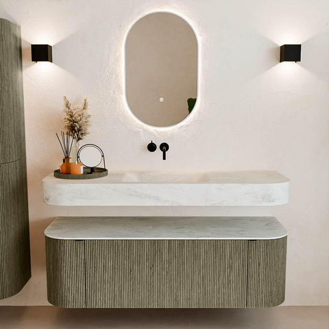 MONDIAZ THOR-DLUX Meuble de salle de bains 140cm arrondi gauche + droite couleur Shadow avec 1 tiroir et 2 portes. Vasque suspendue CLOUD Milieu sans trou de robinet couleur Opalo. SW1464152