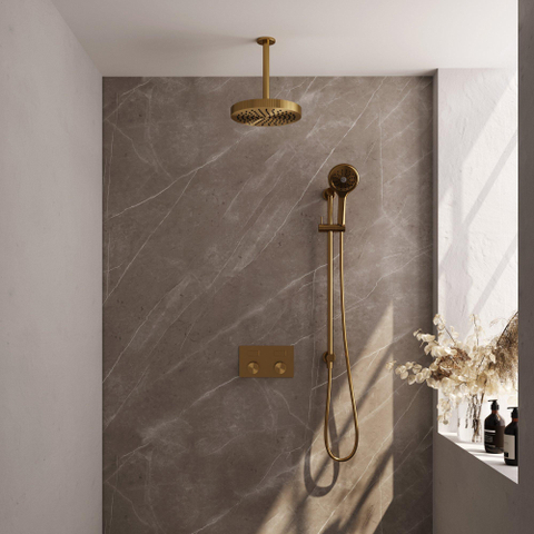 BRAUER Stripe Douche de pluie thermostatique encastrée - boutons-poussoirs - pomme de douche 25cm - bras de plafond - douchette 3 positions - flexible de douche - barre coulissante intégrée - PVD brossé or SW1435203