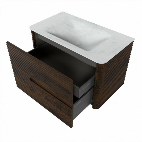 Mondiaz CIRO-DLUX Meuble de salle de bains - 80x45x50cm - Plan-vasque solid surface Opalo - 1 vasque au milieu - 1 trou de robinet - 2 tiroirs - Noyer SW1530210