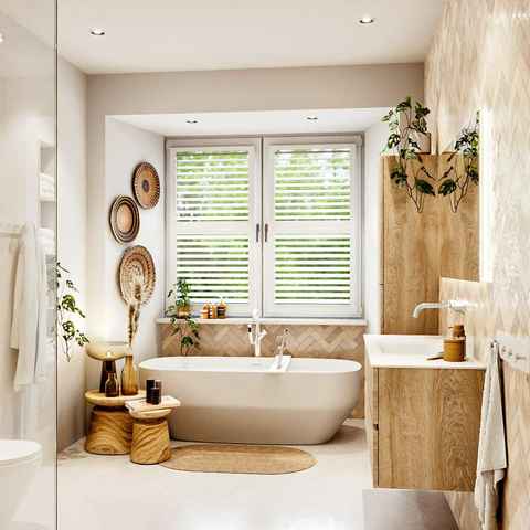 MONDIAZ VICA meuble sous lavabo 120cm Chêne blanchi 2 tiroirs. Lavabo CLOUD central sans trou de robinet, couleur Talc. SW1381905