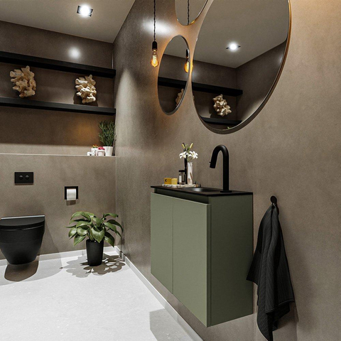 MONDIAZ TURE Kit lave-mains - 60x23x50cm - 1 trou de robinet - 2 portes - armée mate - Lavabo à droite - Solid Surface Noir SW475328