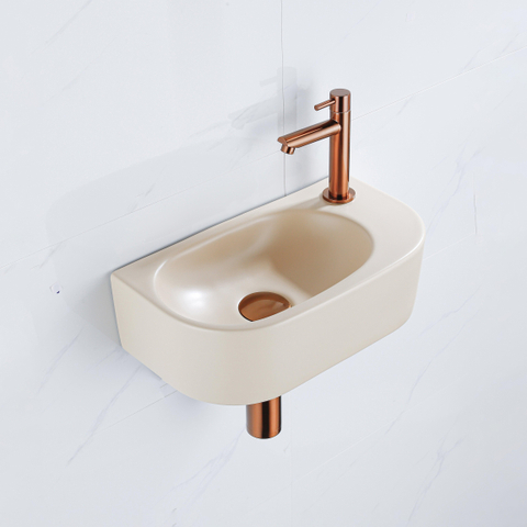 QeramiQ Fuente pack lave-mains – demi-rond – 40 x 21,5 x 12 cm – perçage à droite – robinet cuivre brossé SW1232840