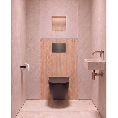 QeramiQ Dely Pack WC - 36,3x51,7cm - à fond creux - sans bride - réservoir encastré Geberit UP320 - abattant WC softclose 35 mm - plaque de commande gunmetal - boutons ronds - noir mat SW1235422