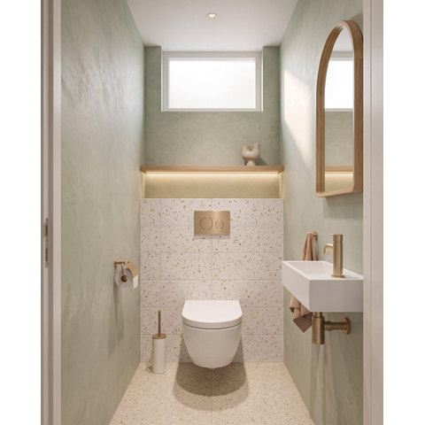 Pack WC QeramiQ Dely Swirl Compact - réservoir encastrable Geberit UP320 - avec bâti-support Burda - abattant 25 mm - plaque de commande en plastique laiton brossé (or) - boutons ronds - blanc brillant SW1592330