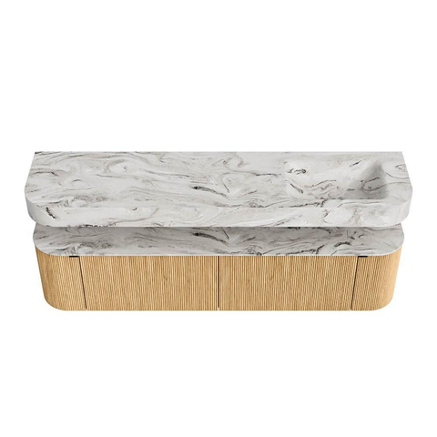MONDIAZ THOR-DLUX Meuble de salle de bains - 190cm - arrondi gauche + droite - couleur Oak - 2 tiroirs et 2 portes - Vasque suspendue CLOUD Droite sans trou de robinet - couleur Glace SW1466365