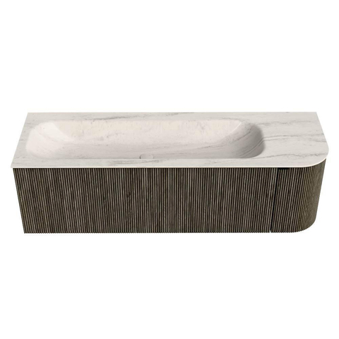 MONDIAZ KURVE-DLUX 145cm badmeubel ronding Rechts kleur Shadow met 1 lade en 1 deur. Wastafel BIG LARGE Links zonder kraangat Meli. SW1431790