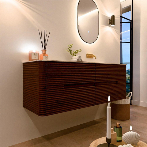 Mondiaz CIRO-DLUX Badkamermeubelset - 140x45x50cm - Solid surface wastafel Nata - 1 wasbak Rechts - zonder kraangaten - 4 lades - Ruby SW1532045