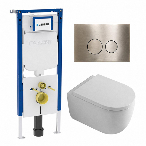 QeramiQ Dely Swirl Toiletset - 36.3x51.7cm - diepspoel - rimless - Geberit UP720 Duofix Sigma inbouwreservoir - 35mm zitting - geborsteld messing bedieningsplaat - ronde knoppen - mat wit SW1413907