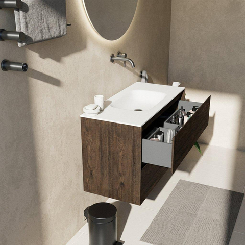 Saniclass Holz Pure Ensemble de meubles de salle de bains - 100x45x61.5cm - Flow lavabo en solid surface blanc - 1 vasque - sans trou de robinet - 2 tiroirs - chêne charcoal mat (bois) SW1478399