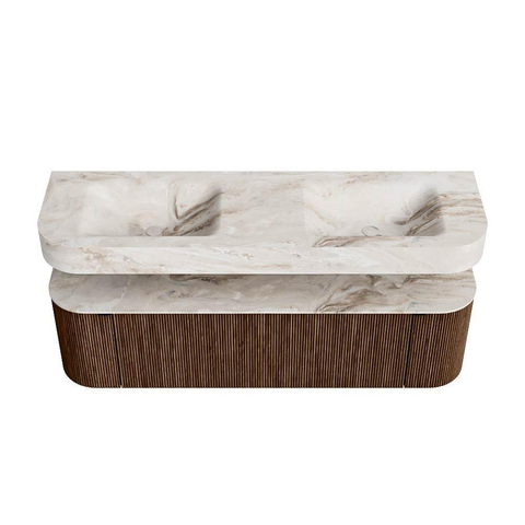 MONDIAZ THOR-DLUX 160cm badmeubel ronding links + rechts kleur Walnut met 1 lade en 2 deuren. Vrijhangende wastafel CLOUD Dubbel zonder kraangat kleur Frappe. SW1464989