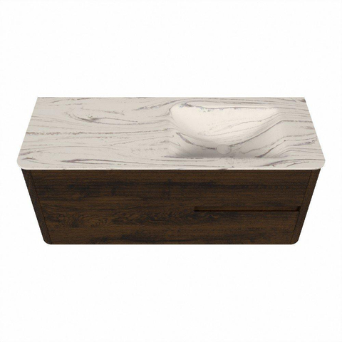 Mondiaz CIRO-DLUX Ensemble de meubles de salle de bains - 120x45x50cm - Plan-vasque solid surface Nata - 1 vasque à droite - sans trous de robinetterie - 2 tiroirs - Noyer SW1530544