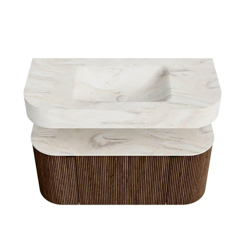 MONDIAZ THOR-DLUX 100cm meuble de salle de bains arrondi gauche + droite couleur Walnut avec 1 tiroir et 2 portes. Vasque suspendue CLOUD Centre sans trou de robinet couleur Ostra. SW1467381