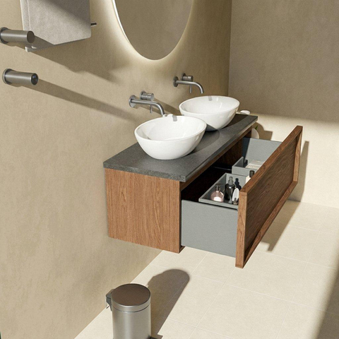 Saniclass Holz Frame Badkamermeubelset - 120x45x43cm - Noche basalten wastafelblad gepolijst - 1 wasbak - zonder kraangat - 1 lade - mat walnut pure (hout) SW1478573