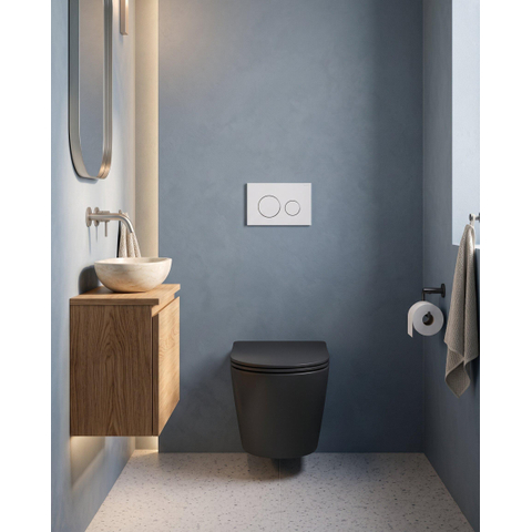 QeramiQ Dely Toiletset - 36.3x51.7cm - Geberit UP720 inbouwreservoir - rimless - diepspoel - zitting - softclose - bedieningsplaat mat wit - ronde knoppen - mat zwart SW1428220