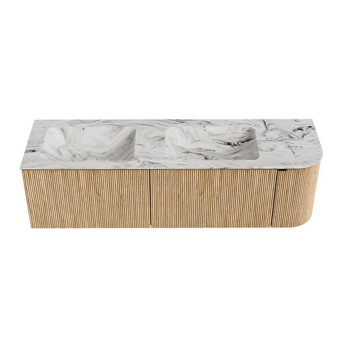 MONDIAZ KURVE-DLUX meuble de salle de bains 155 cm avec module 25 R couleur Oak avec 2 tiroirs et 1 porte. Plan-vasque LEAF double / gauche sans trou de robinet couleur Glace. SW1137962