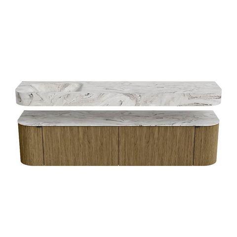 MONDIAZ THOR-DLUX Meuble de salle de bains 190cm arrondi gauche + droite couleur Dusk avec 2 tiroirs et 2 portes. Vasque suspendue CLOUD Gauche 1 trou de robinet couleur Glace. SW1466463