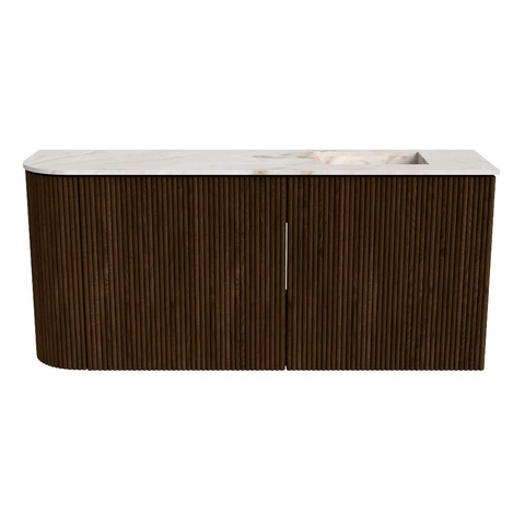 Mondiaz JOYA-DLUX 91.6cm toiletmeubel - ronding links kleur Walnut - Wastafel FAYE positie Rechts 1 kraangat kleur Frappe. SW1422358