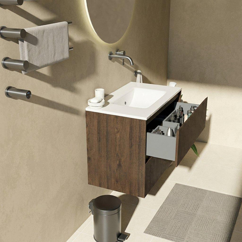 Saniclass Holz Atelier Ensemble de meubles de salle de bains - 80x45x62cm - Vygo lavabo en céramique blanc - 1 vasque - sans trou de robinet - 2 tiroirs - chêne charcoal mat (bois) SW1437740