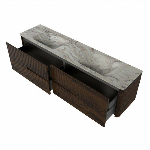 Mondiaz CIRO-DLUX Meuble de salle de bains - 190x45x50cm - Plan vasque solid surface Glace - 2 vasques double - 2 trous de robinetterie - 4 tiroirs - Noyer SW1530128