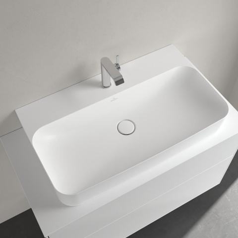 Villeroy & Boch finion wastafel onderzijde - geslepen - 1 kraangat - 80x47cm CeramicPlus - met verdekte overloop - Stone White (mat wit) SW209556