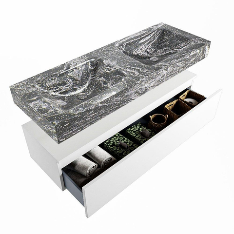 Mondiaz ALAN-DLUX Ensemble de meuble - 130cm - meuble Talc mat - 1 tiroir - Lavabo Cloud Lava suspendu - vasque Gauche et droite - 2 trous de robinet SW807656