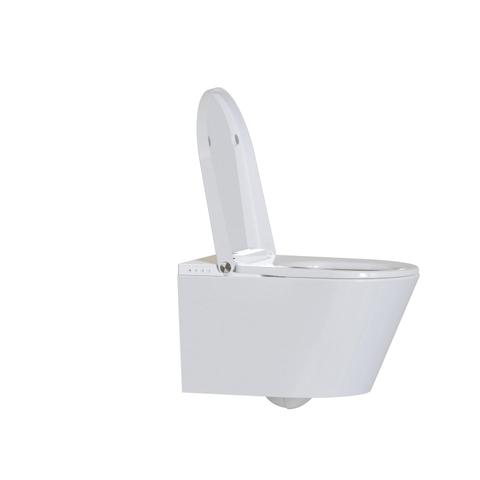 QeramiQ Luma Ensemble WC-douche - Réservoir encastré Geberit UP320 - avec cadre Burda - sèche-cheveux - douchette féminine - plaque de commande en plastique noir mat - boutons rectangulaires - blanc brillant SW1472014