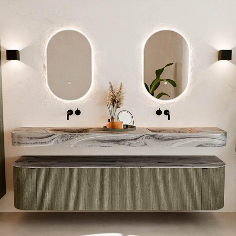MONDIAZ THOR-DLUX 200cm meuble de salle de bains arrondi gauche + droite couleur Shadow avec 2 tiroirs et 2 portes. Vasque suspendue CLOUD Double sans trou de robinet couleur Sombra. SW1467291