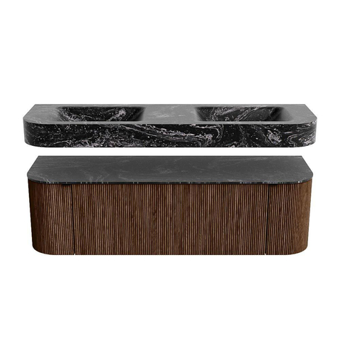 MONDIAZ THOR-DLUX 150cm badmeubel ronding links + rechts kleur Walnut met 1 lade en 2 deuren. Vrijhangende wastafel CLOUD Dubbel zonder kraangat kleur Lava. SW1464664