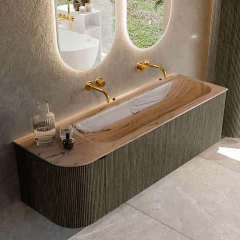 MONDIAZ KURVE-DLUX Meuble de salle de bains 145cm arrondi à gauche couleur Shadow avec 1 tiroir et 1 porte. Lavabo BIG LARGE à droite sans trou de robinet Arena. SW1431467