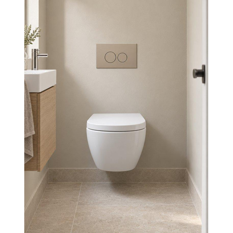 Pack WC QeramiQ Dely Swirl Compact - réservoir encastrable Geberit UP320 - avec bâti-support Burda - abattant 25 mm - plaque de commande en plastique taupe - boutons ronds - blanc mat SW1595675