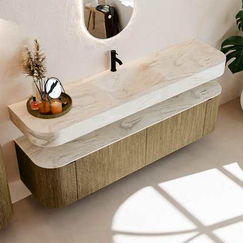 MONDIAZ THOR-DLUX 180cm meuble de salle de bains arrondi gauche + droite couleur Dusk avec 2 tiroirs et 2 portes. Vasque suspendue CLOUD Milieu 1 trou de robinet couleur Ostra. SW1467696