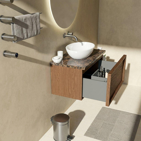 Saniclass Holz Frame Badkamermeubelset - 80x45x43cm - Noche natuurstenen topblad dark emperador - zonder kraangat - 1 lade - mat walnut pure (hout) SW1478253