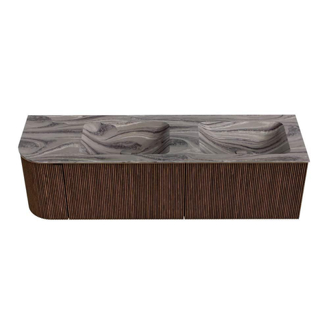 MONDIAZ KURVE-DLUX 155cm badmeubel ronding Links kleur Walnut met 2 lades en 1 deur. Wastafel LEAF Dubbel / Rechts 2 kraangaten Sombra. SW1433700