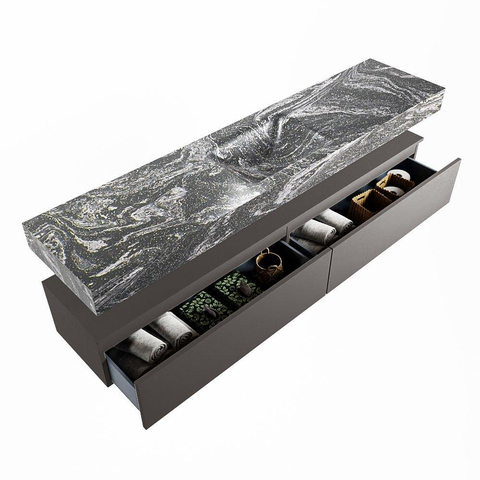 Mondiaz ALAN-DLUX Ensemble de meuble - 200cm - meuble Dark grey mat - 2 tiroirs - Lavabo Cloud Lava suspendu - vasque Centre - 0 trous de robinet SW808059