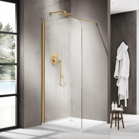 Fortifura Galeria Paroi de douche à l'italienne - 110x200cm - paroi vitrée arrondie - gauche - verre cannelé - barre de fixation murale - laiton brossé PVD (Or) SW1420756