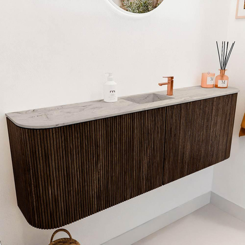 Mondiaz JOYA-DLUX 123.2cm toiletmeubel - ronding links en rechts kleur Walnut - Wastafel FAYE positie Midden 1 kraangat kleur Glace. SW1422423